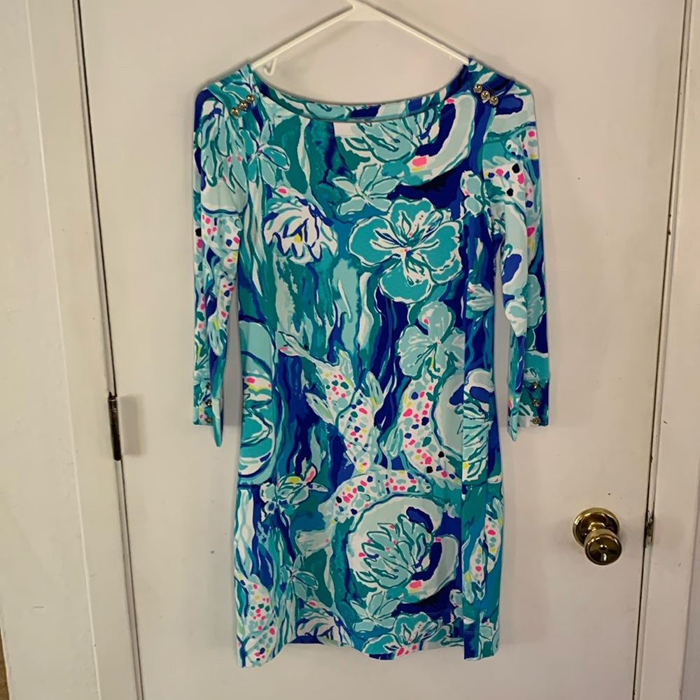 Lilly Pulitzer aqua, royal blue floral, lily pad dress with 3:4 sleeves Size S